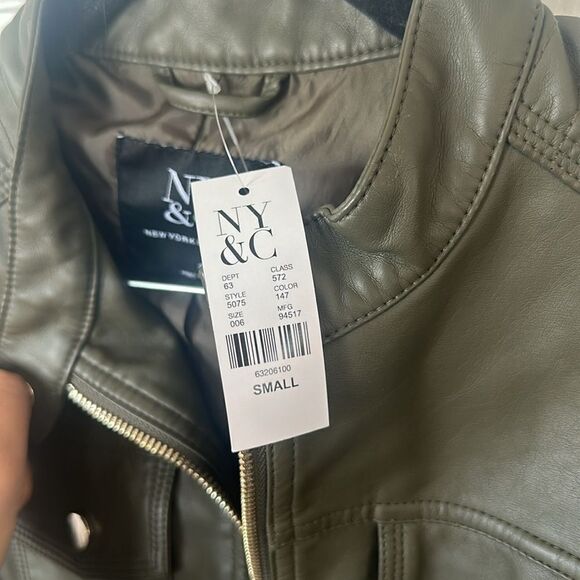 NY&C Faux-Leather Double-Pocket Full Zip Jacket Women's army green Small NWT - Picture 6 of 7